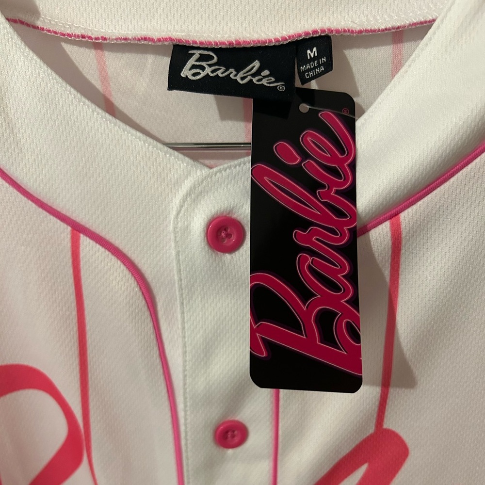 BARBIE Baseball Jersey Shirt Sz M Hot Pink/White top NEW - Picture 5 of 8